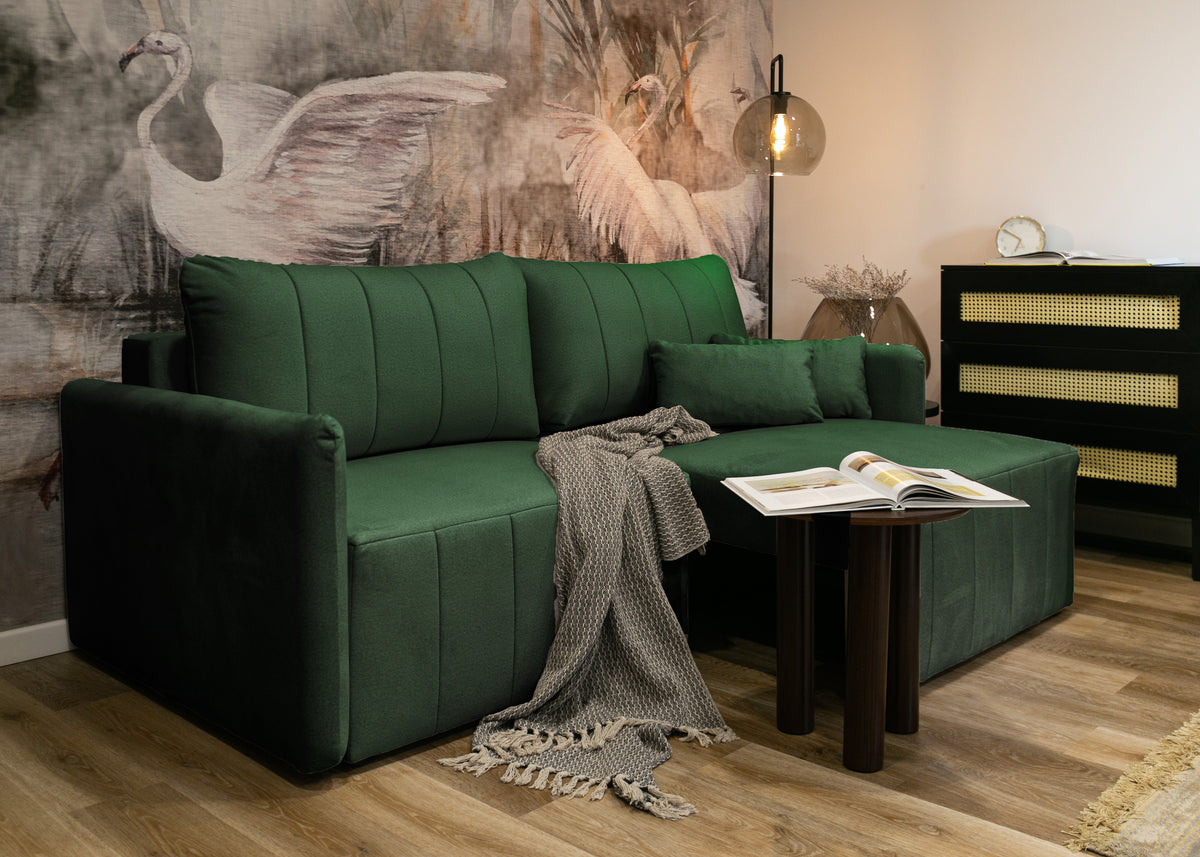 Canapé d'angle convertible Pierra avec coffre, velours hydrofuge vert foncé