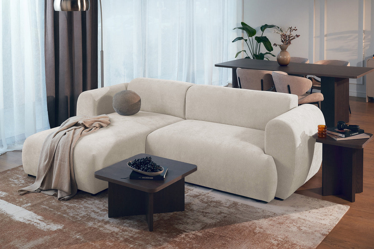 Canapé d'angle gauche Emia avec fonction couchage, tissu chenille beige