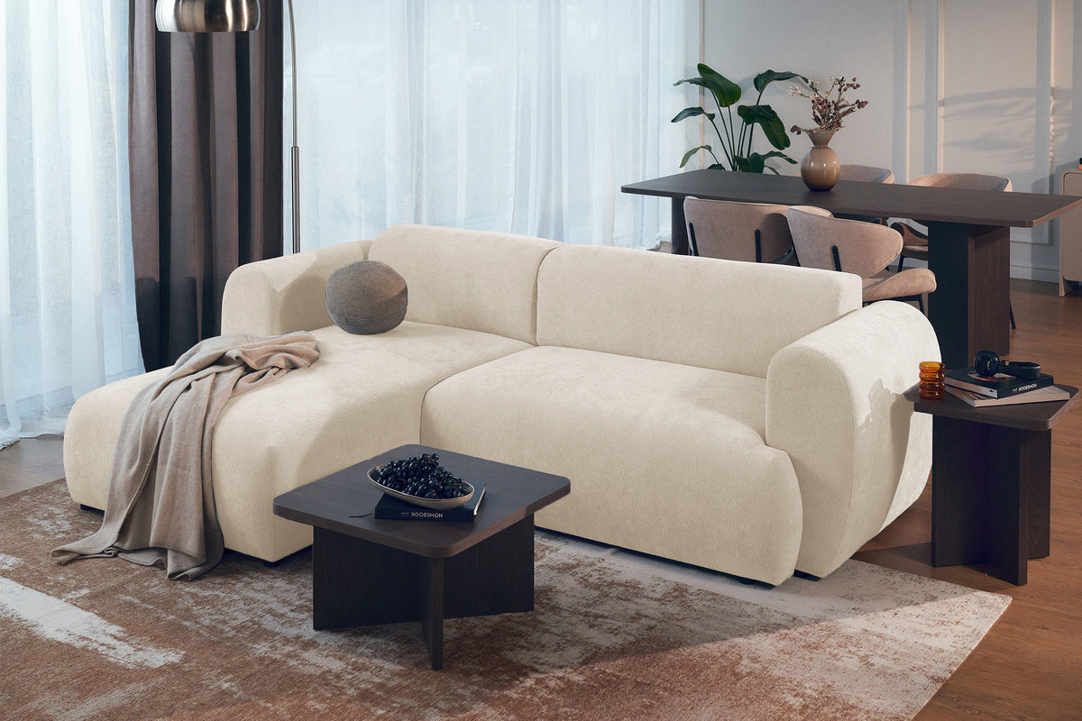 Canapé d'angle avec fonction couchage Emia en L, côté gauche, en chenille beige clair