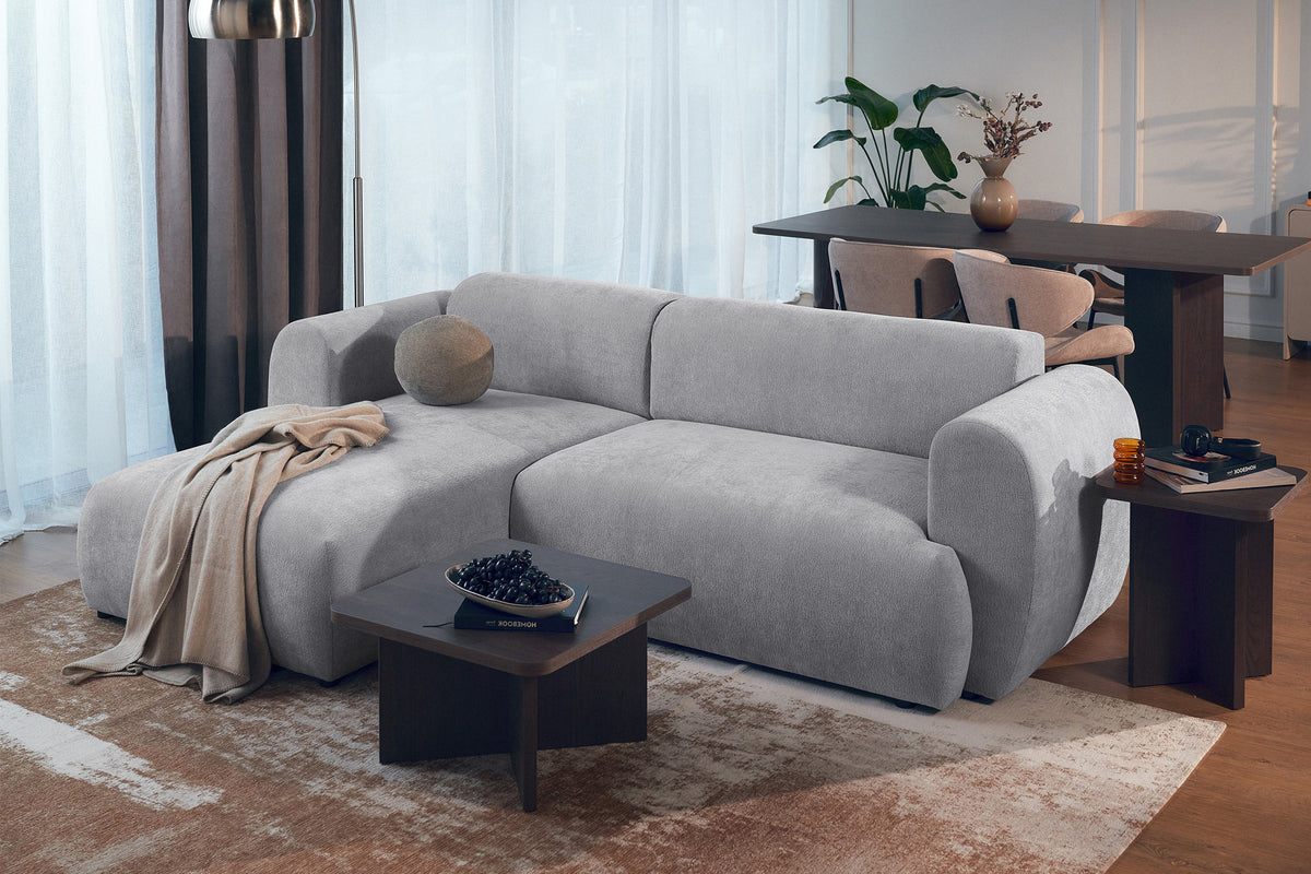 Ecksofa mit Schlaffunktion Emia, L-förmig, linksseitig, grau, Chenille