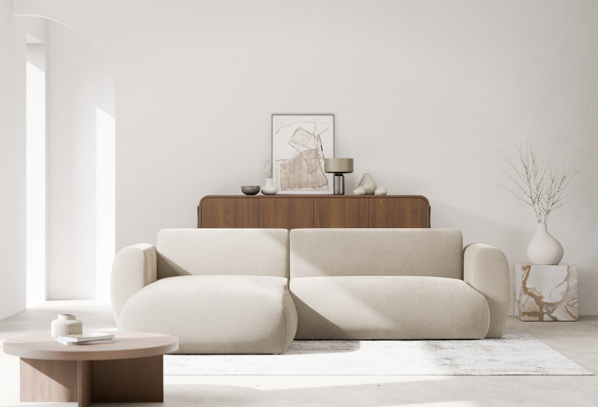 Canapé d'angle gauche Emia avec fonction couchage, tissu chenille beige
