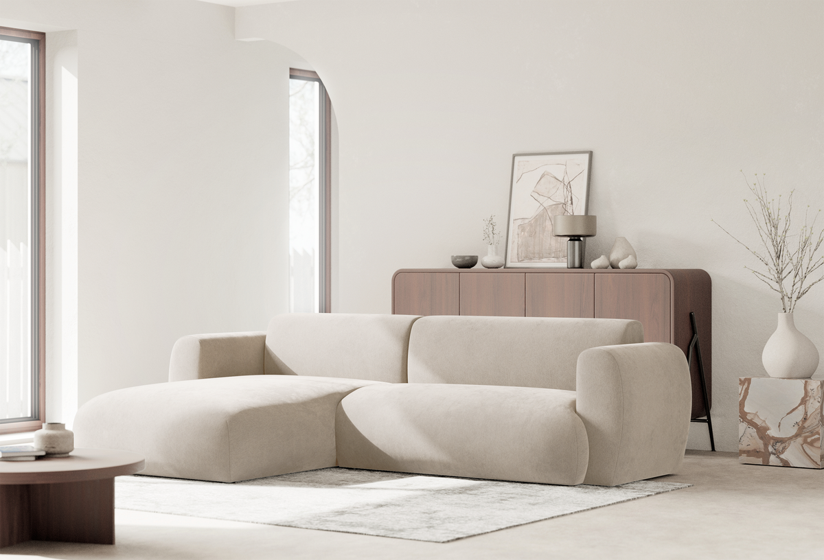 Canapé d'angle gauche Emia avec fonction couchage, tissu chenille beige