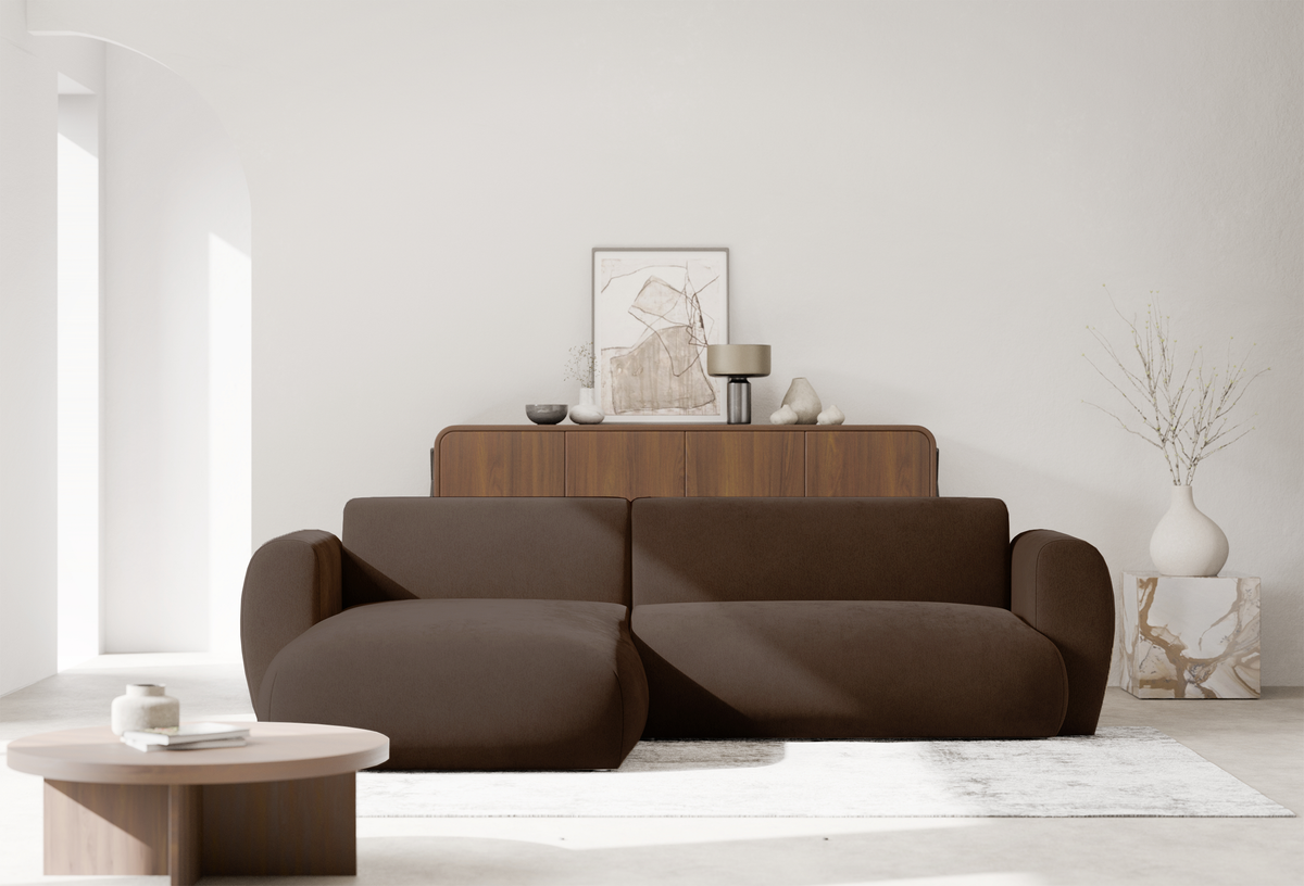 Ecksofa mit Schlaffunktion Emia, L-förmig, linksseitig, braunes Chenille