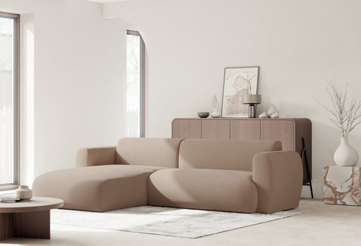 Canapé d'angle gauche Emia avec fonction couchage, beige en chenille facile à nettoyer