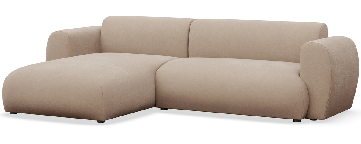 Canapé d'angle gauche Emia avec fonction couchage, beige en chenille facile à nettoyer