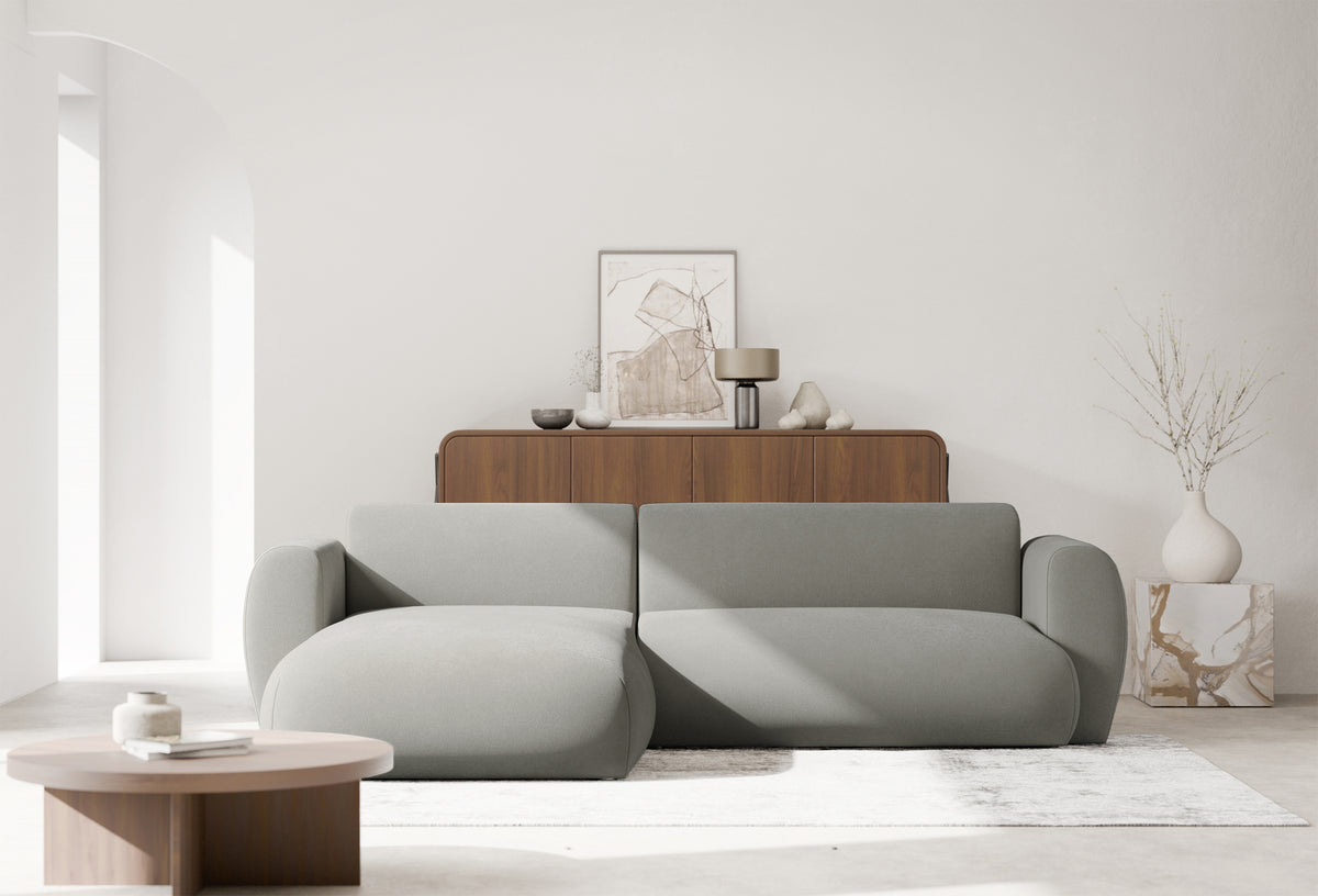Ecksofa mit Schlafunktion Emia L-förmig, linksseitig, hellgrauer Chenille-Stoff, leicht zu reinigen