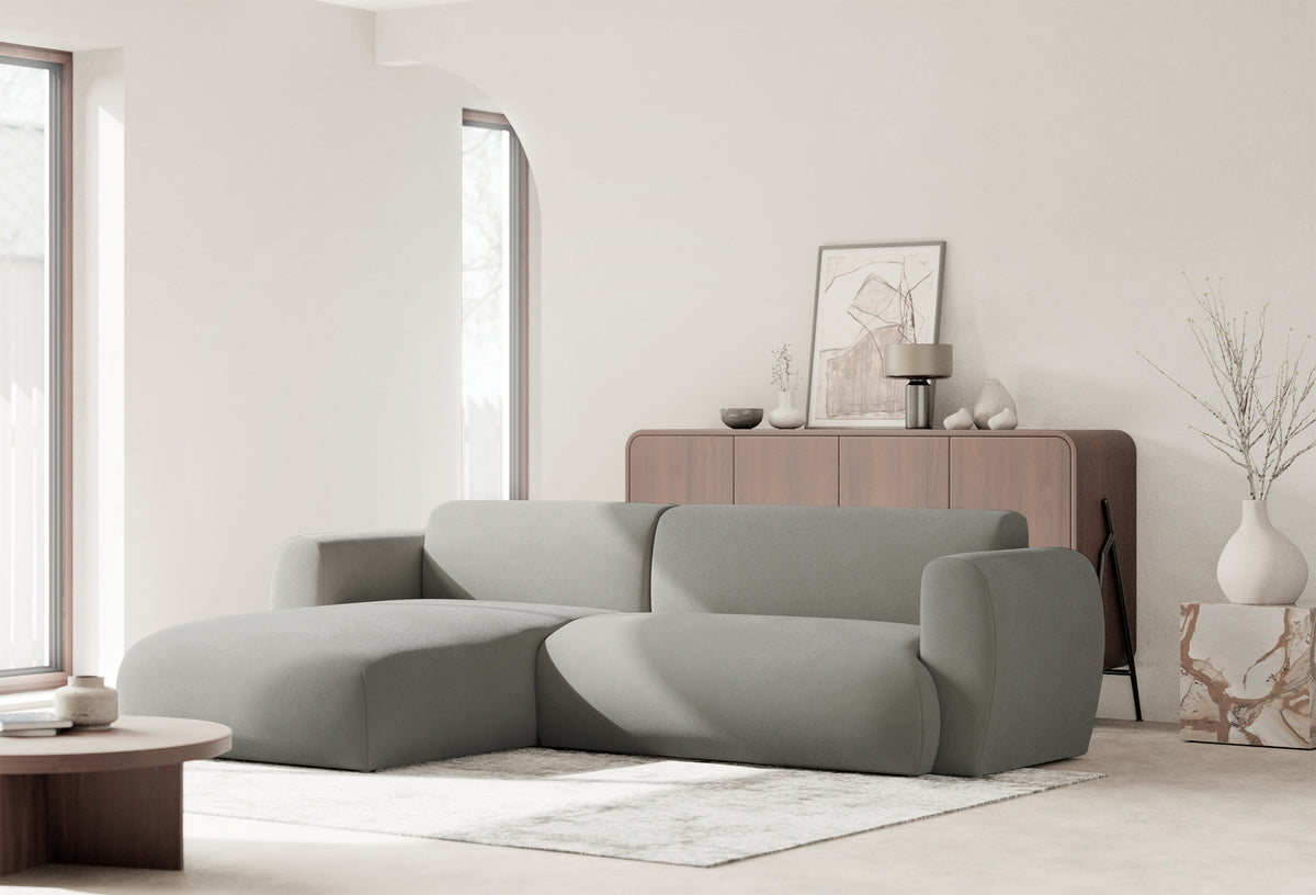 Canapé d'angle Emia L gauche avec fonction couchage, tissu chenille gris clair facile à nettoyer