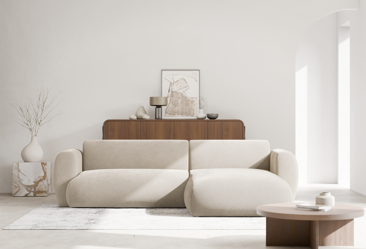 Canapé d'angle droit Emia avec fonction couchage, en chenille beige