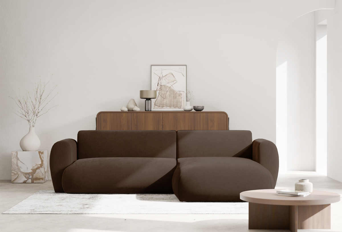 Ecksofa mit Schlaffunktion Emia, L-förmig, rechtsseitig, brauner Chenille-Bezug