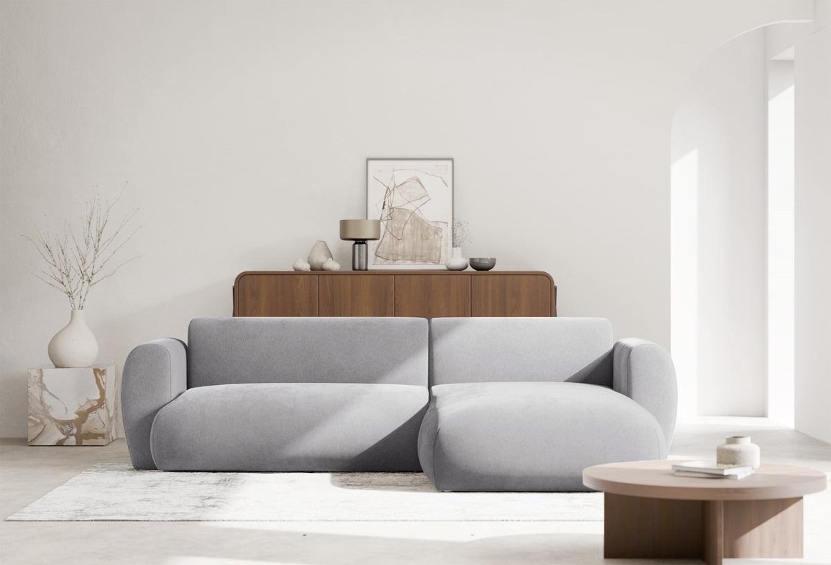Canapé d'angle droit Emia avec fonction couchage, tissu chenille gris