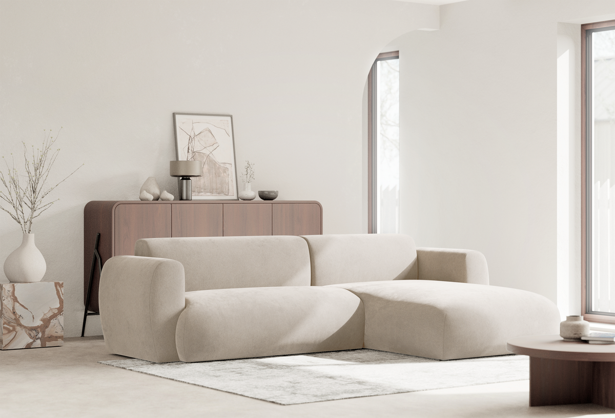 Canapé d'angle droit Emia avec fonction couchage, en chenille beige