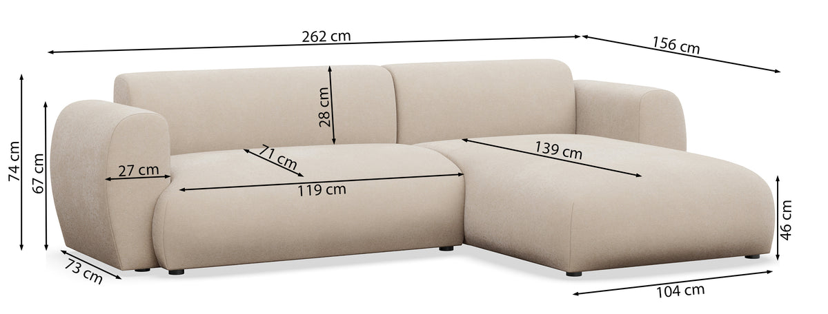 Ecksofa mit Schlaffunktion Emia, L-Form, rechtsseitig, beige, pflegeleichter Chenillestoff