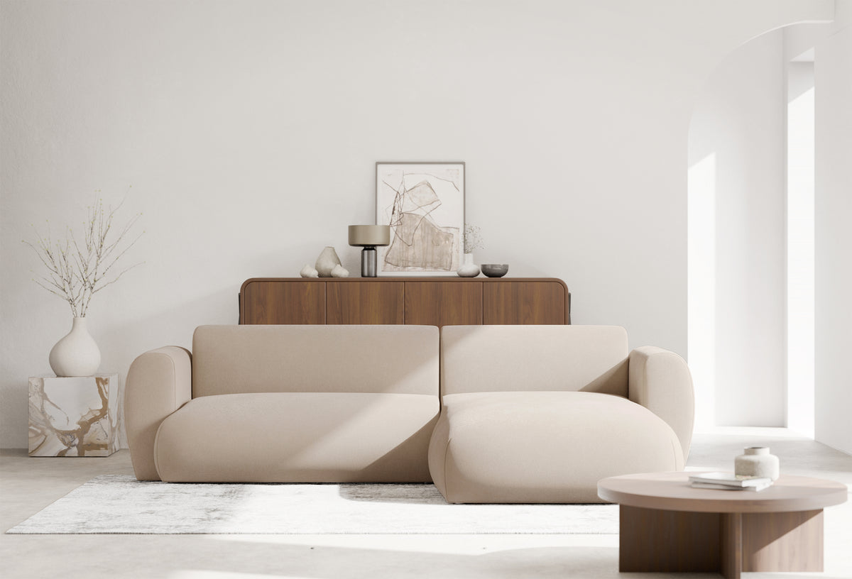 Canapé d'angle Emia avec fonction couchage, forme en L, côté droit, en tissu chenille crème facile d'entretien