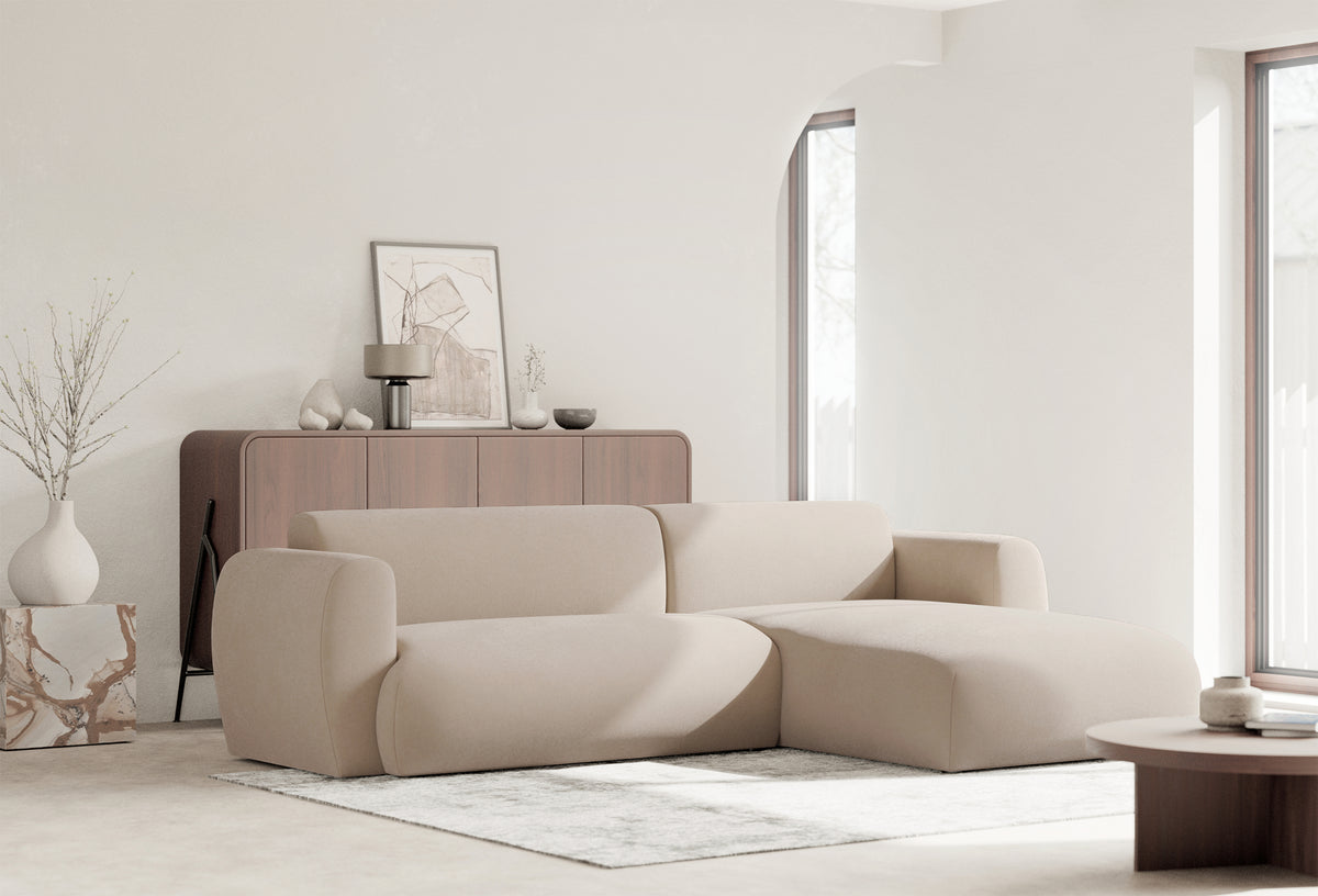 Ecksofa mit Schlaffunktion Emia, L-förmig, rechtsseitig, cremefarben, pflegeleichter Chenillebezug