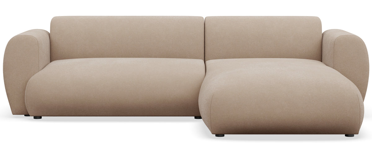 Ecksofa mit Schlaffunktion Emia, L-Form, rechtsseitig, beige, pflegeleichter Chenillestoff