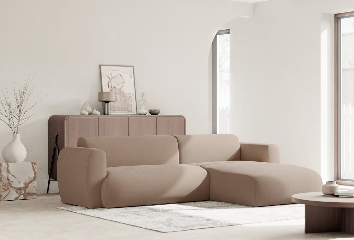 Ecksofa mit Schlaffunktion Emia, L-Form, rechtsseitig, beige, pflegeleichter Chenillestoff