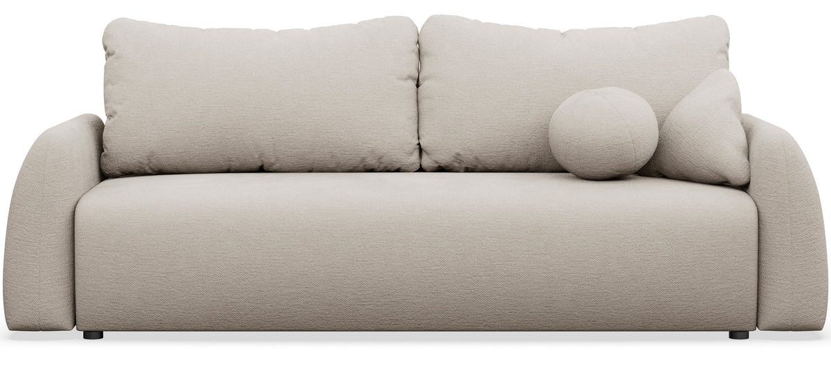Dreisitziges ausklappbares Sofa Nubelle mit Stauraum, hellbeiger hydrophober Chenillestoff