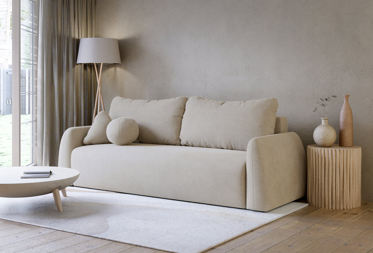 Canapé convertible 3 places Nubelle avec coffre, tissu chenille hydrofuge beige clair