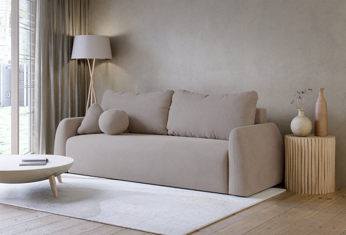 Canapé convertible 3 places Nubelle avec rangement, tissu chenille hydrofuge beige foncé