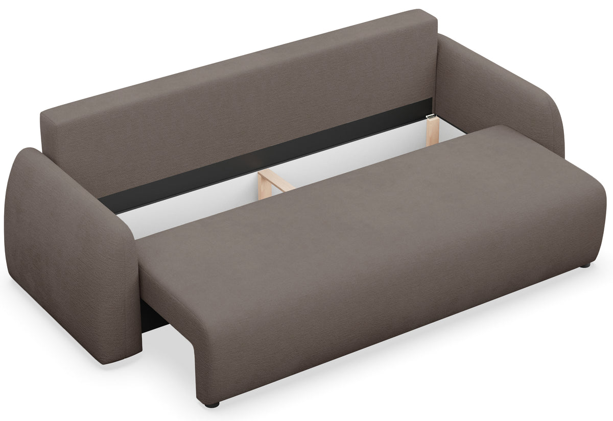 Dreisitziges ausklappbares Sofa Nubelle mit Stauraum, braunes hydrophobes Chenille
