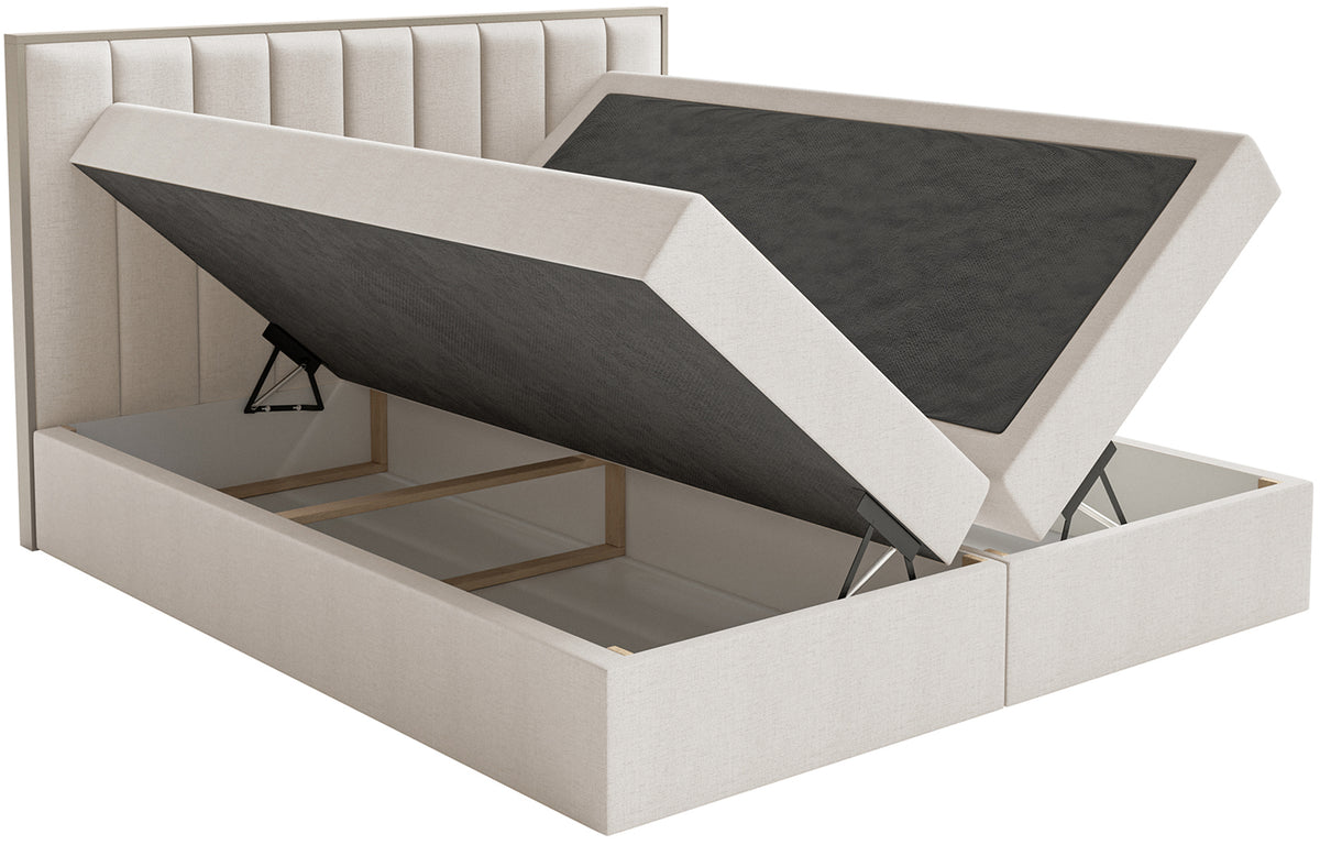 Kontinentales Bett 180x200 cm Togents mit Stauraum und Topper, hellbeiger hydrophober Chenillestoff
