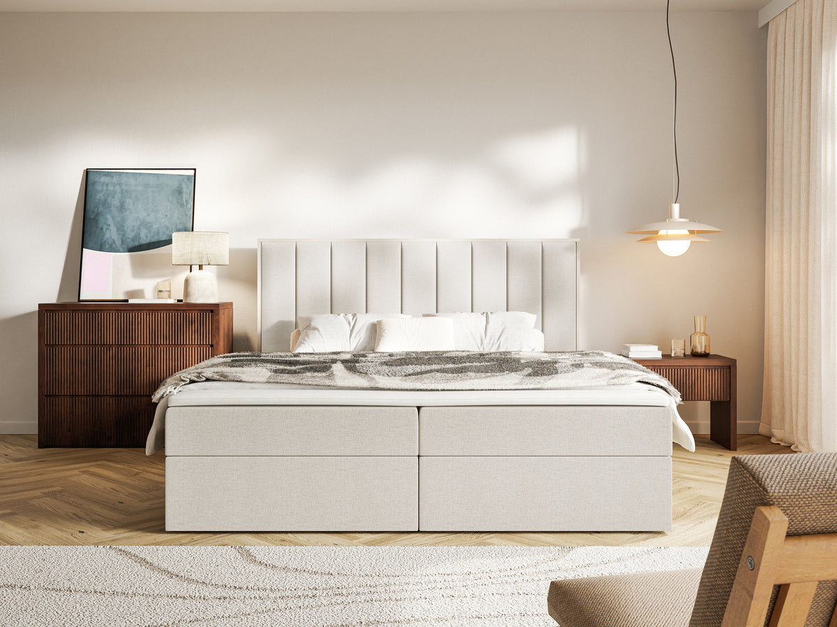 Kontinentales Bett 180x200 cm Togents mit Stauraum und Topper, hellbeiger hydrophober Chenillestoff