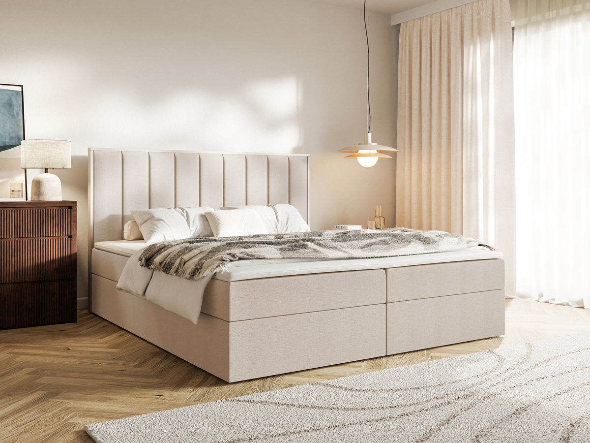 Lit continental 180x200 cm Togents avec rangements et surmatelas beige chenille hydrofuge