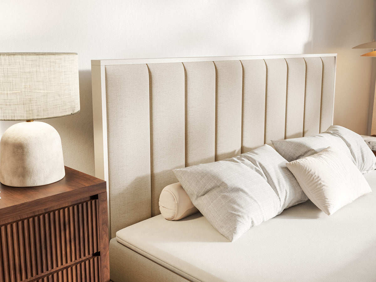Lit continental 180x200 cm Togents avec rangements et surmatelas beige chenille hydrofuge