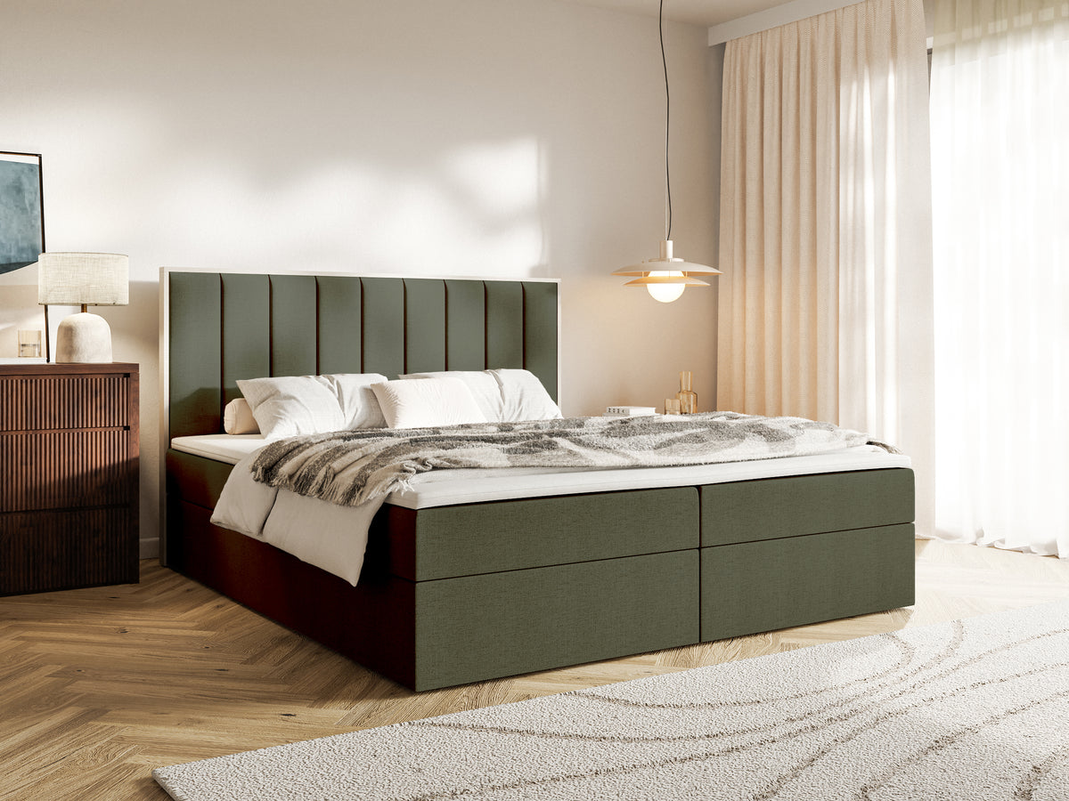 Lit continental 180x200 cm Togents avec rangements et surmatelas en chenille hydrofuge vert foncé