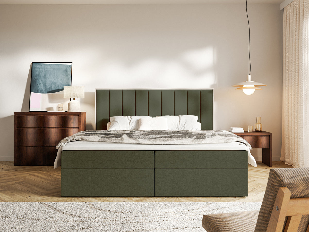 Lit continental 180x200 cm Togents avec rangements et surmatelas en chenille hydrofuge vert foncé