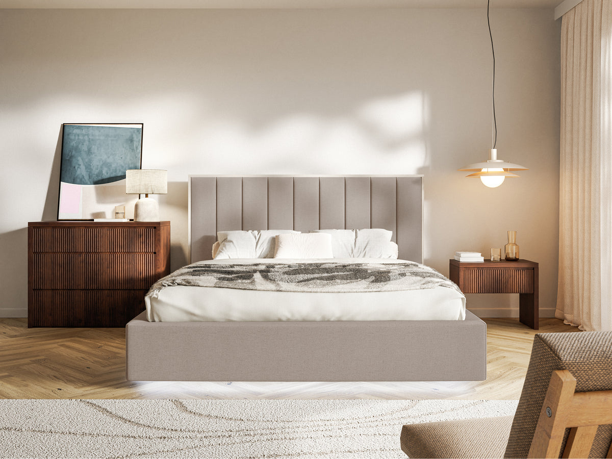Lit tapissé 140x200 cm Togents avec éclairage LED, tissu chenille hydrofuge marron