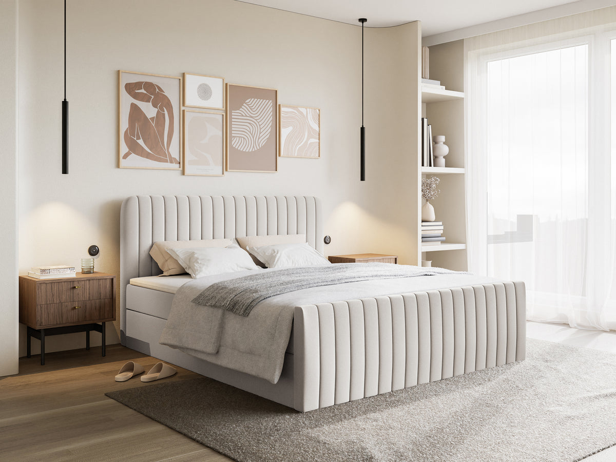 Kontinentalbett 200x200 cm Saliano mit Stauraum und Topper, hellbeiger hydrophober Chenillestoff