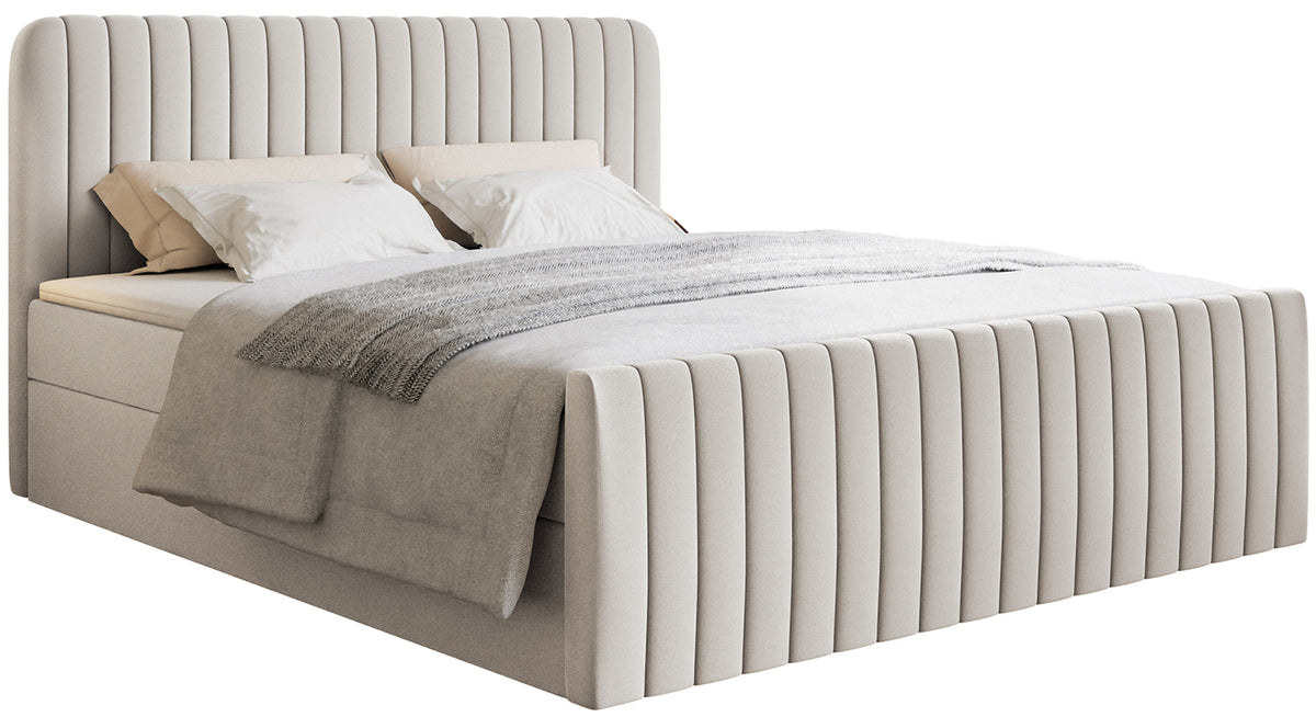 Kontinentalbett 200x200 cm Saliano mit Stauraum und Topper, hellbeiger hydrophober Chenillestoff