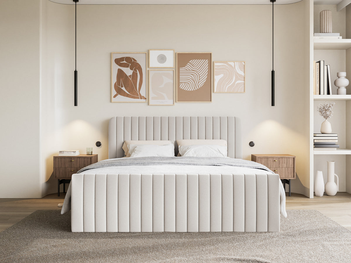 Kontinentalbett 200x200 cm Saliano mit Stauraum und Topper, hellbeiger hydrophober Chenillestoff