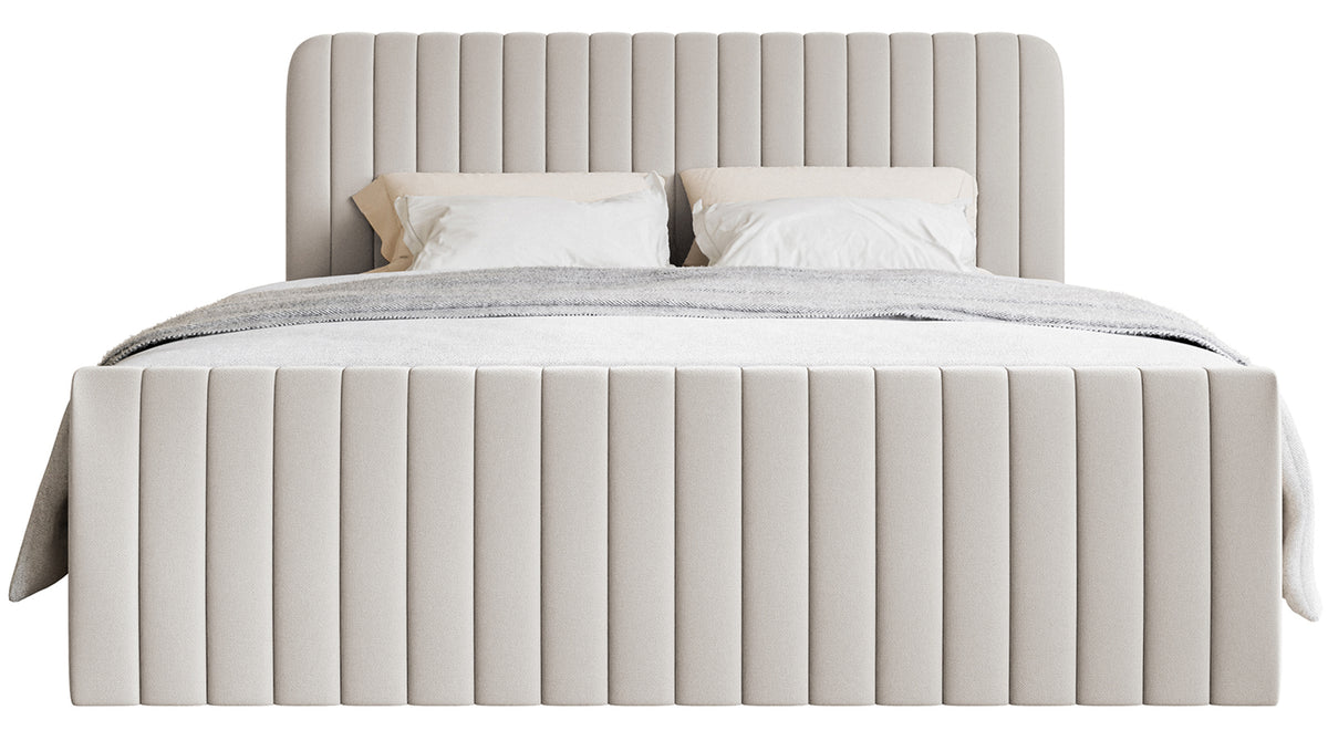 Kontinentalbett 200x200 cm Saliano mit Stauraum und Topper, hellbeiger hydrophober Chenillestoff