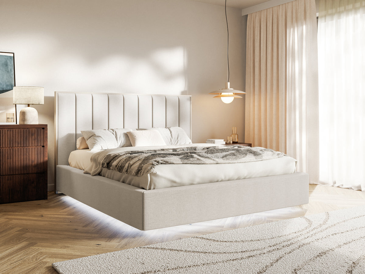 Polsterbett 140x200 cm Togents mit Stauraum und LED-Beleuchtung, Metallrahmen, hellbeiger hydrophober Chenillestoff