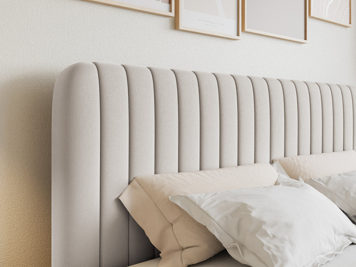 Kontinentalbett 200x200 cm Saliano mit Stauraum und Topper, hellbeiger hydrophober Chenillestoff