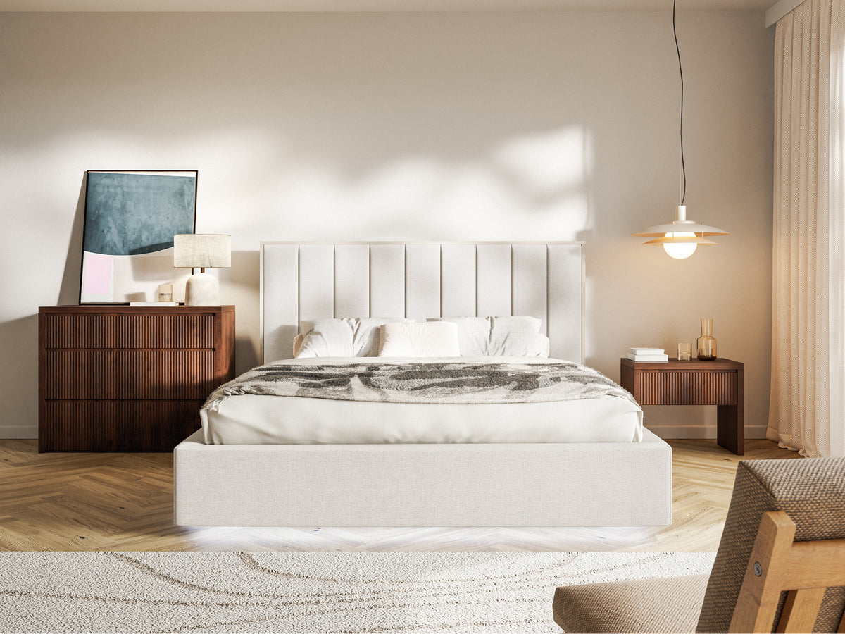Polsterbett 140x200 cm Togents mit Stauraum und LED-Beleuchtung, Metallrahmen, hellbeiger hydrophober Chenillestoff