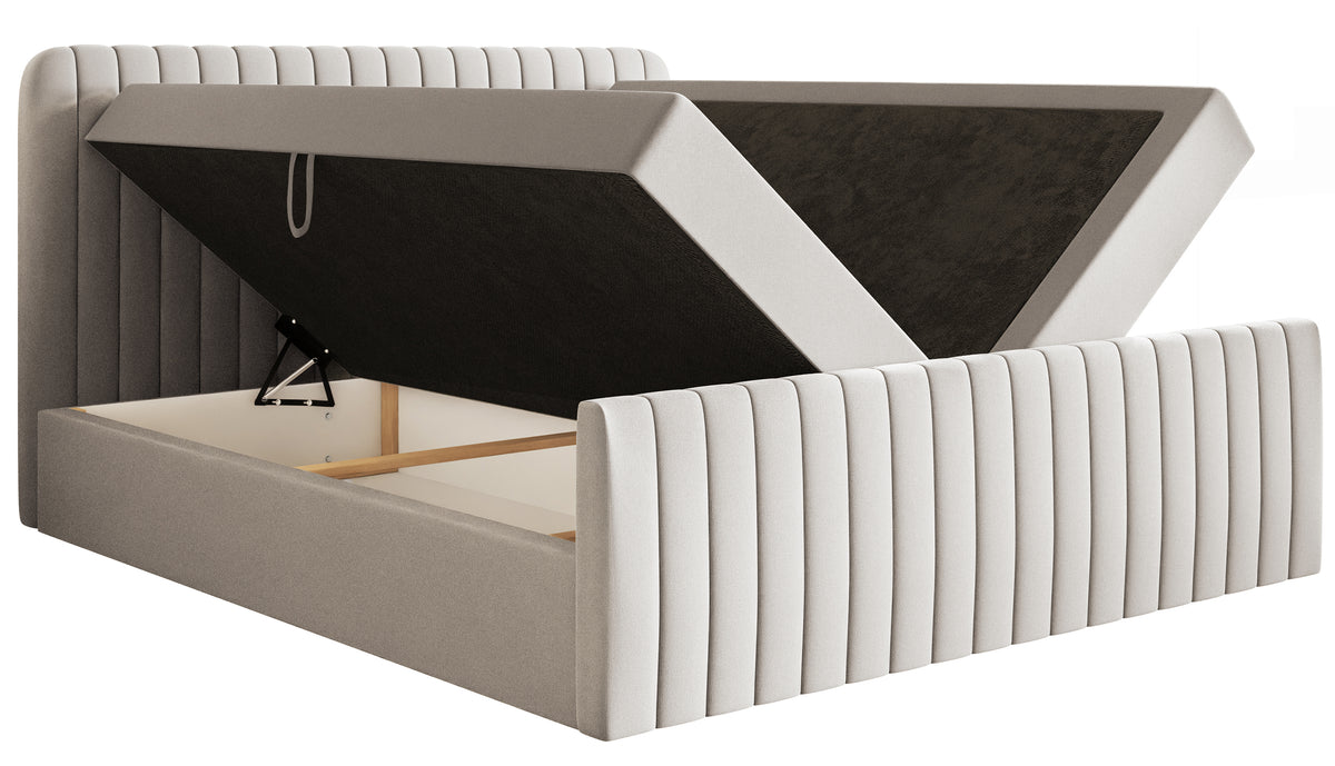 Kontinentalbett 200x200 cm Saliano mit Stauraum und Topper, hellbeiger hydrophober Chenillestoff