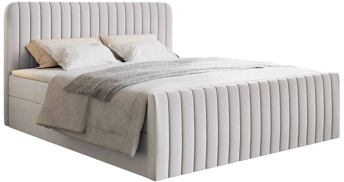 Kontinentales Bett 200x200 cm Saliano mit Stauraum und Topper, hellgrauer hydrophober Chenillebezug