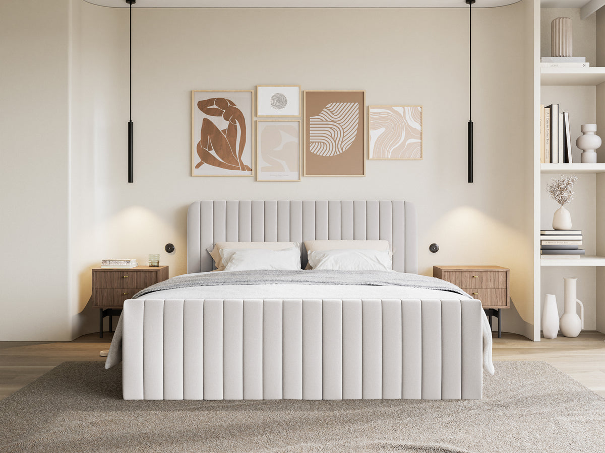 Kontinentales Bett 200x200 cm Saliano mit Stauraum und Topper, hellgrauer hydrophober Chenillebezug