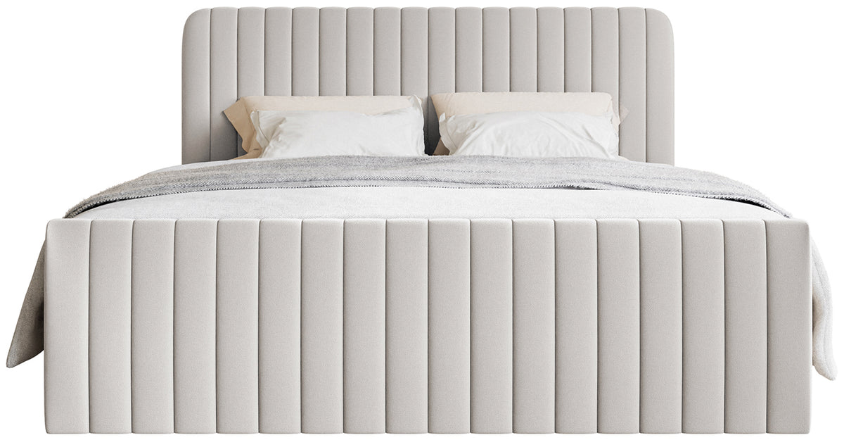 Kontinentales Bett 200x200 cm Saliano mit Stauraum und Topper, hellgrauer hydrophober Chenillebezug