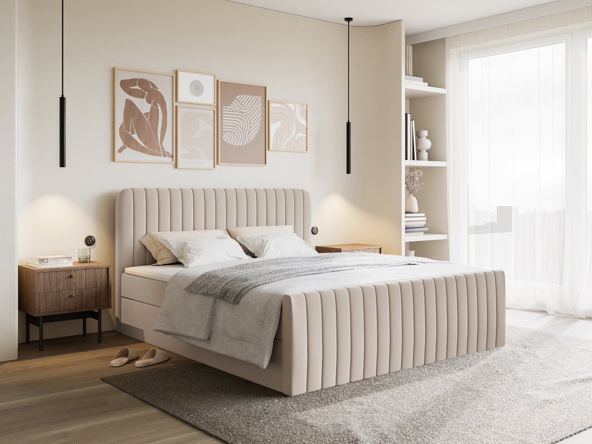Kontinentales Bett 200x200 cm Saliano mit Stauraum und Topper, beige Chenille, wasserabweisend