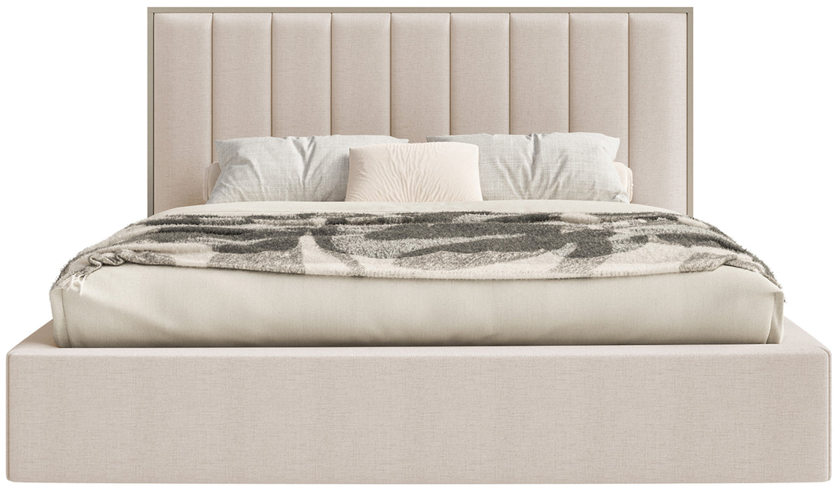 Lit tapissé 140x200 cm Togents avec rangement et éclairage LED, cadre métallique, tissu chenille beige hydrofuge