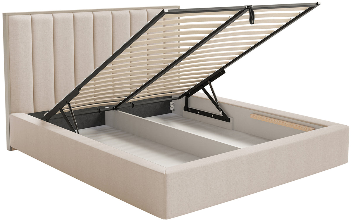 Lit tapissé 140x200 cm Togents avec rangement et éclairage LED, cadre métallique, tissu chenille beige hydrofuge