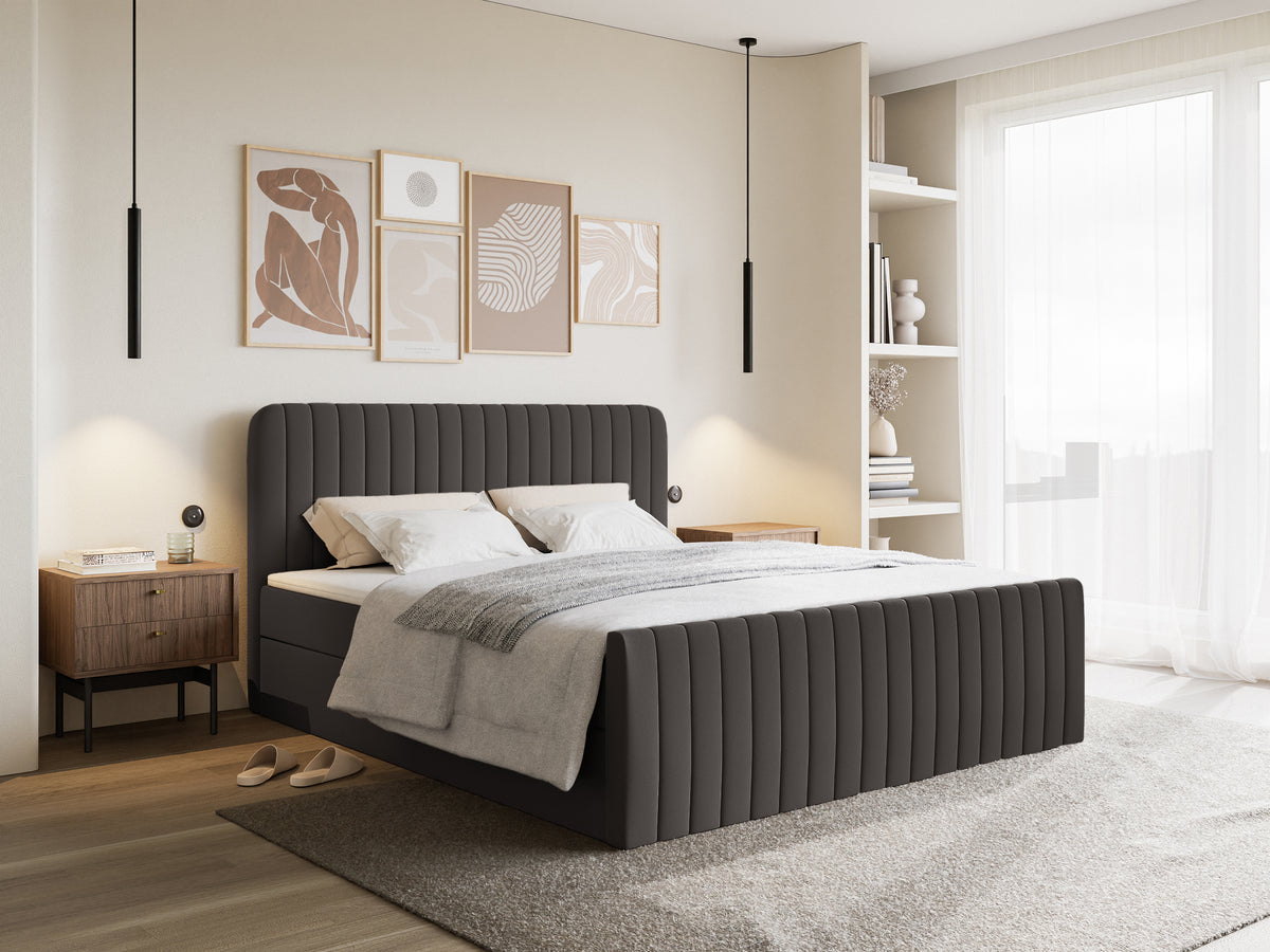 Lit continental 160x200 cm Saliano avec rangements et surmatelas en chenille hydrofuge graphite