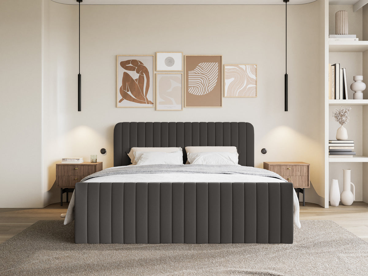 Lit continental 160x200 cm Saliano avec rangements et surmatelas en chenille hydrofuge graphite