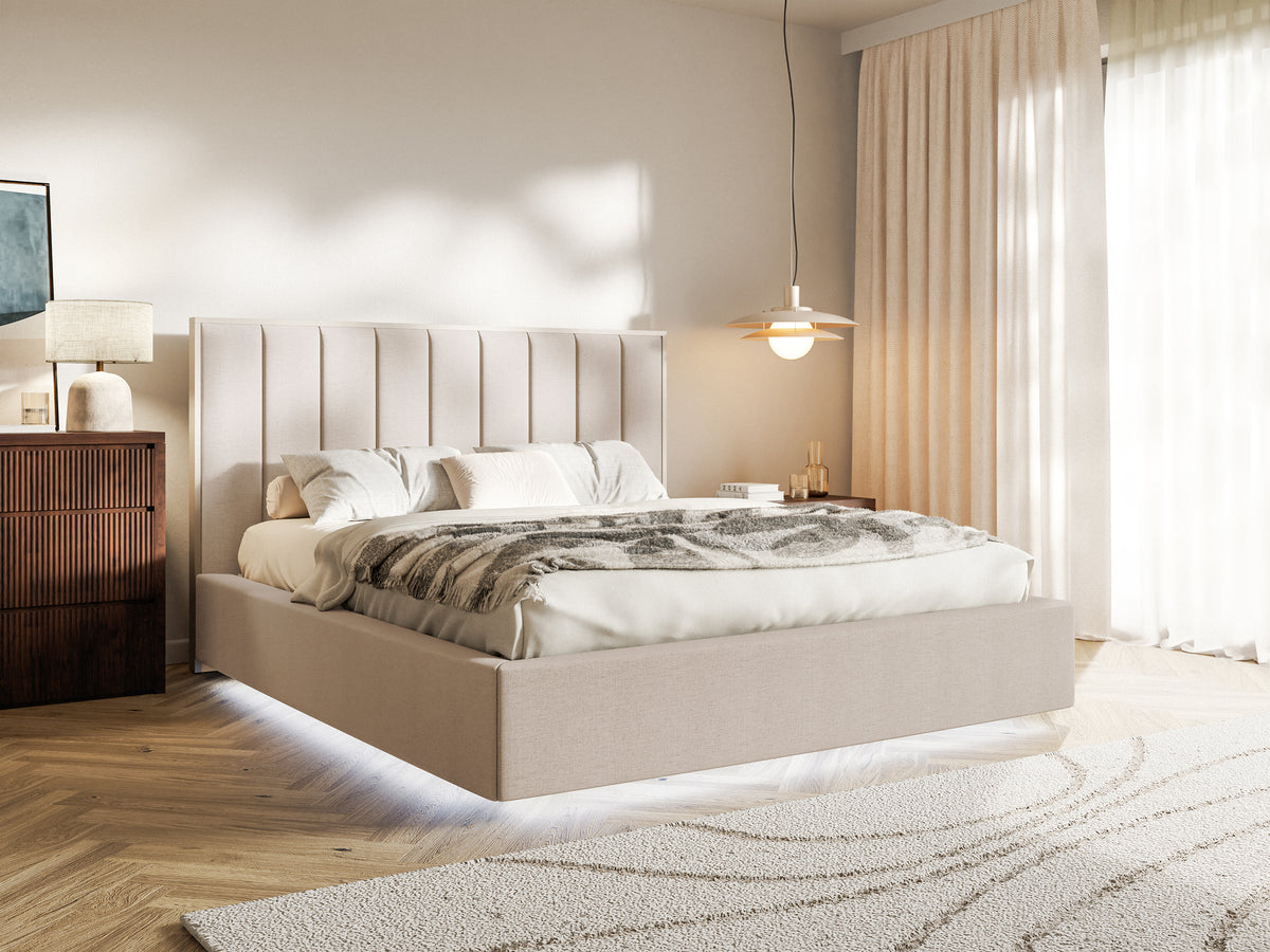 Lit tapissé 140x200 cm Togents avec rangement et éclairage LED, cadre métallique, tissu chenille beige hydrofuge