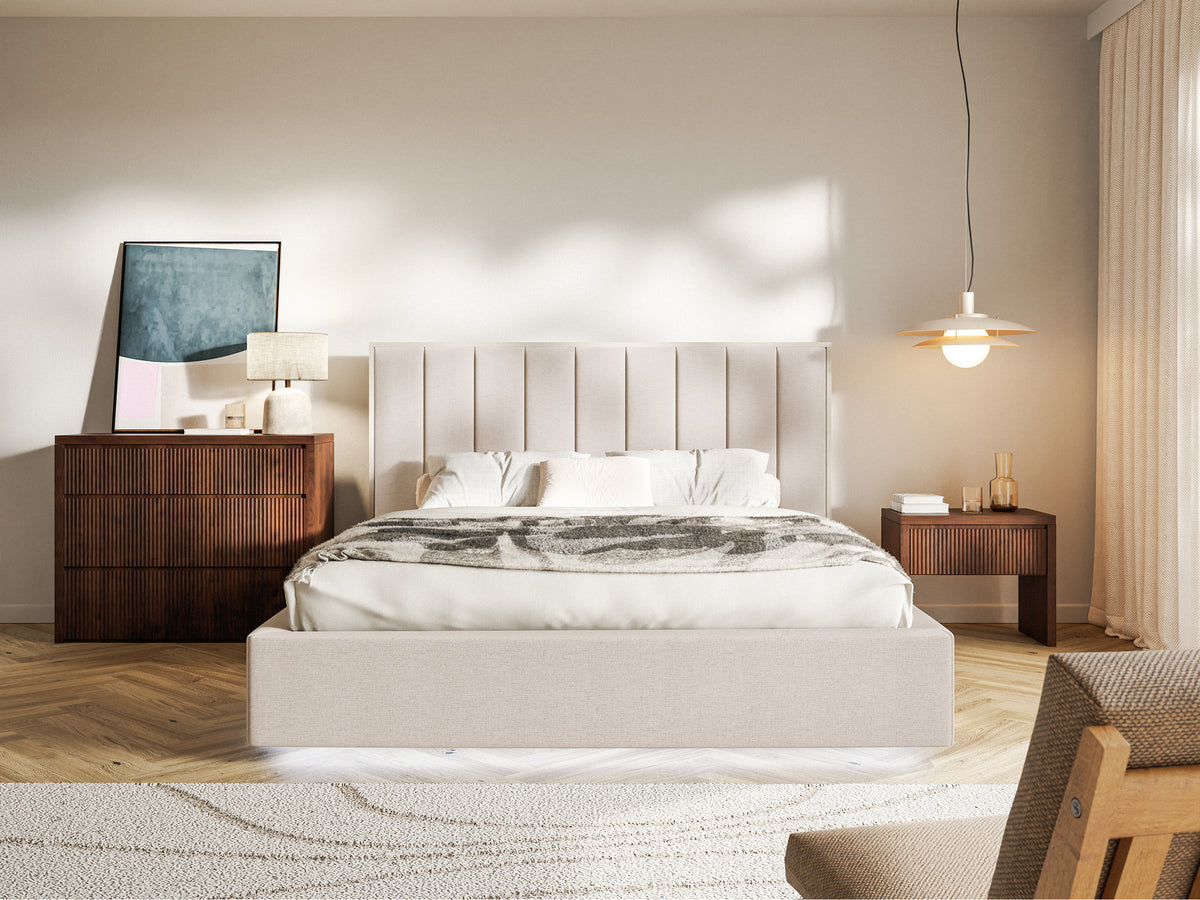 Lit tapissé 140x200 cm Togents avec rangement et éclairage LED, cadre métallique, tissu chenille beige hydrofuge