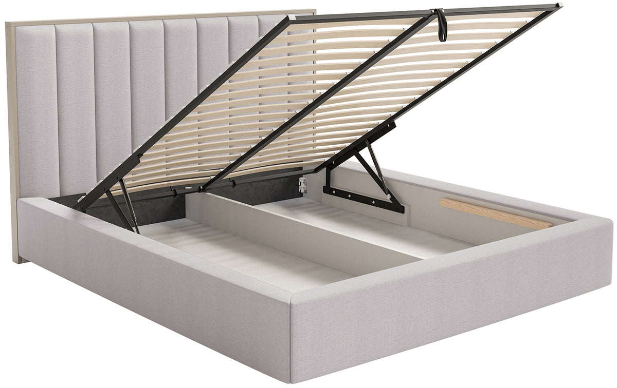 Lit tapissé 180x200 cm Togents avec rangement et éclairage LED, cadre métallique, tissu chenille gris hydrofuge
